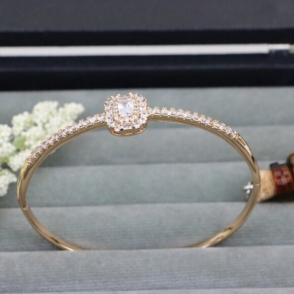 Rose Gold Bangle with Halo Cushion Cut Center and Stone Band, XPBL0558 - Picture 12 of 12